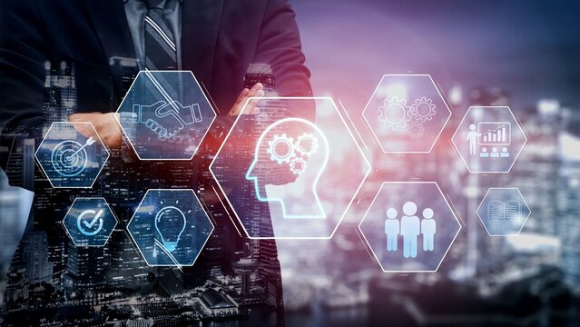 Head with gear and icons representing learning, digital training, and development process, showing skill growth for human or AI systems through knowledge or task optimization Marrow