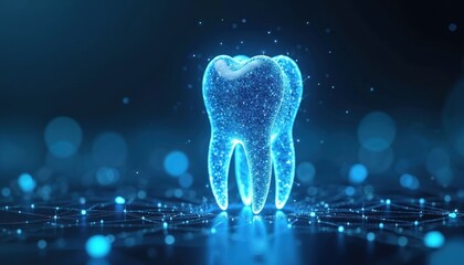 Abstract glowing blue tooth model in digital network. Medical icons and data points surround the crystal clear structure. Represents dental tech innovation.