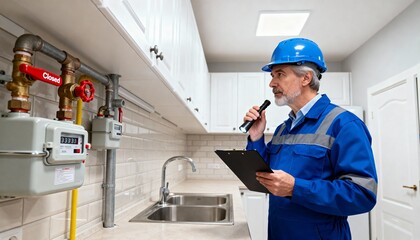 Inspector reviewing residential apartment gas valves and meters ensuring all components meet safety standards and regulations.