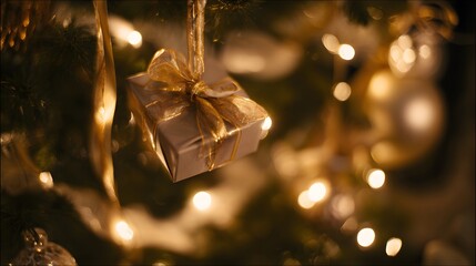 Festive gold ribbon gift on a Christmas tree evokes warm holiday cheer and joyful seasonal celebrations