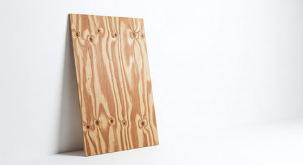 Side View of New Plywood Board Leaning Against a White Wall