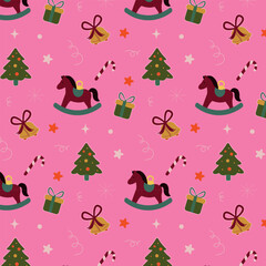 Christmas Horse Pattern with Gifts and Winter Trees