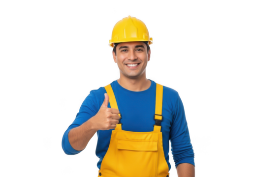Smiling construction worker wearing a yellow hard hat and overalls giving a thumbs up gesture isolated on transparent background - Powered by Adobe