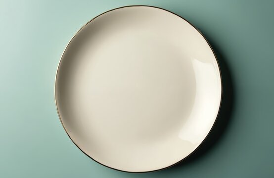 Top view of elegant empty oval dinner plate. Golden rim adds luxurious accent. Clean porcelain dish rests on minimalist teal table. Ready for food styling, new menu, or table decor.