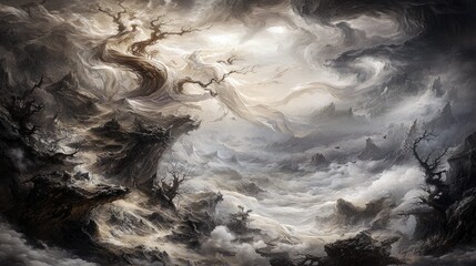 An abstract landscape painting with a twisted tree, mountains, and a dramatic cloudy sky.