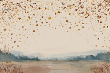 A serene watercolor painting depicting a tranquil landscape with distant mountains, a calm lake, and branches adorned with falling golden stars.
