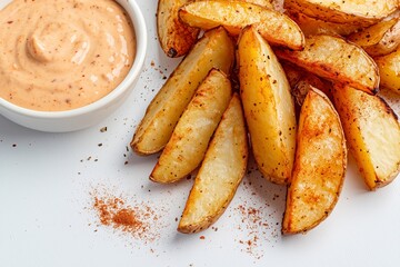 Thick cut fried potato wedges served with creamy dipping sauce on a rustic wooden surface, showcasing a minimalist food composition with vibrant colors and textures