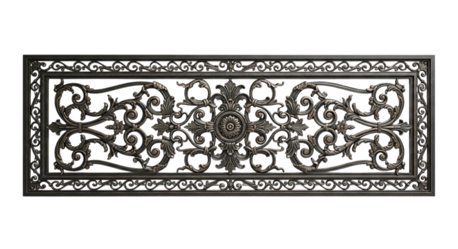 Ornate Decorative Metal Panel with Scrollwork and Floral Design, Antique Bronze Finish