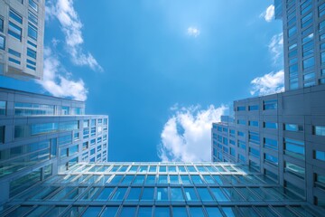 Contemporary Architecture Against a Clear Blue Sky: Urban Office Buildings with Reflective Glass Windows