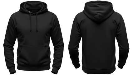 Front and Back View of a Black Hoodie on White Background