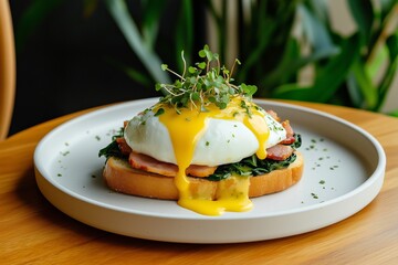 Gourmet eggs benedict served on a plate with cloud-like poached egg, fresh spinach, and crispy bacon, garnished with microgreens for a delightful brunch experience
