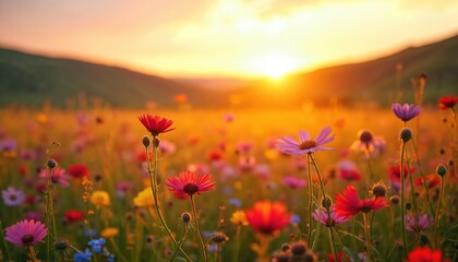 Wild meadow at sunset with colorful wildflowers in bloom. Golden hour light illuminates rolling hills and a vast field of blooming petals. Nature scene evokes peace and beauty.