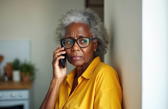 Worried senior african woman speaks by smartphone. Aged female holds phone, hears bad news. Elderly lady talks sadly indoor by cellphone. Communication on mobile conversation with anxious concerned
