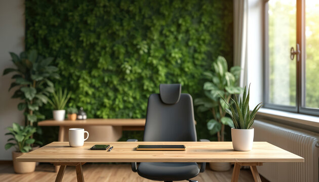 Empty home office wooden desk, ergonomic chair. Green plant wall creates calm atmosphere. Natural light streams from window. Smartphone, tablet, coffee mug on table. Eco-friendly workspace ideal for