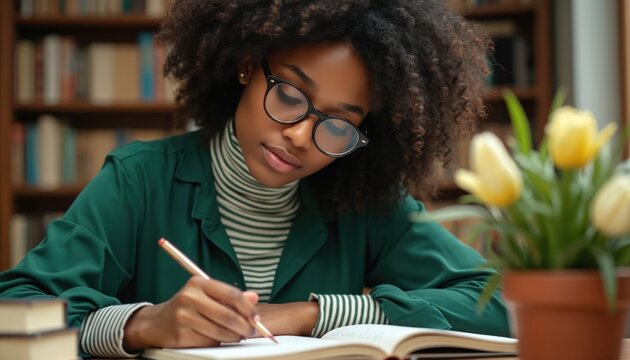 Focused african woman in glasses writes in notebook at library. Smart student girl studying with books at desk. Creative author works on novel, making plans in journal, enjoying quiet hobby, deep in