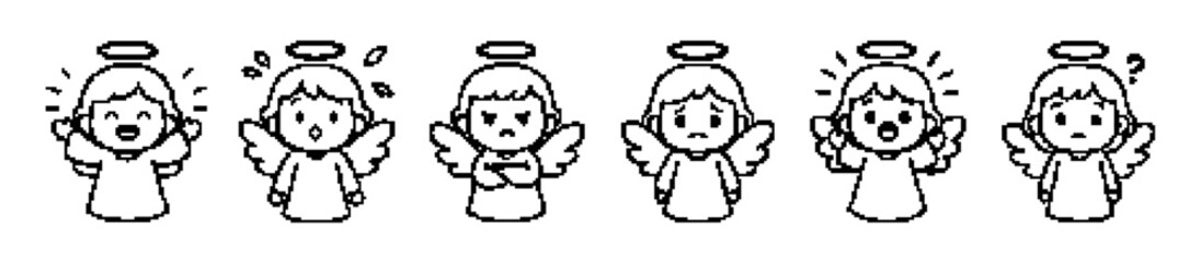 Six Angels Pixel Art Style Posing Different Expressions