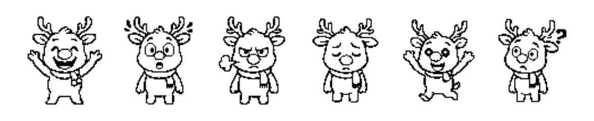 Animated Deer Cartoon Characters Displaying Various Emotions in Pixel Art