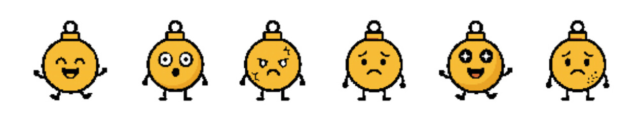 Array of Pixelated Gold Christmas Ornament Characters Displaying Various Emotions