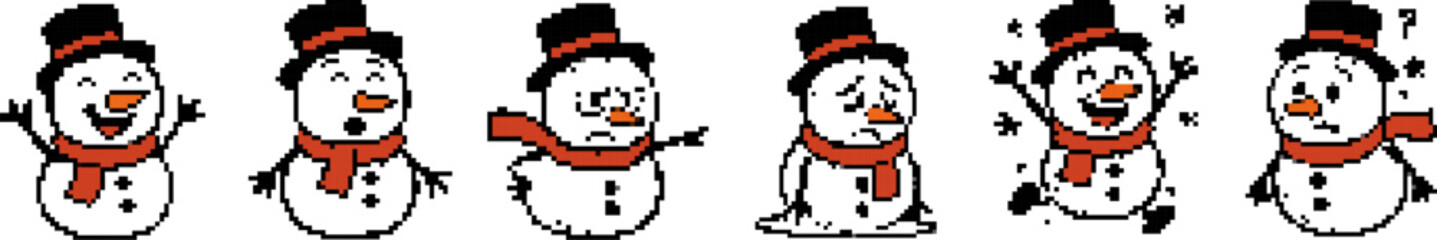 Fototapeta premium Pixel Snowmen Displaying Various Emotions Isolated on White Background