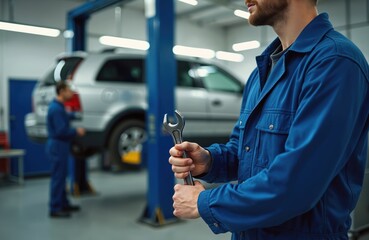Car mechanic in blue uniform holds wrench in auto repair garage. Another worker checks vehicle on car lift in workshop. Men perform automotive maintenance service, inspect cars, fix vehicles.