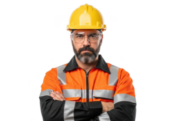 Serious bearded man wearing yellow hard hat and orange high visibility safety vest arms crossed isolated on transparent background
