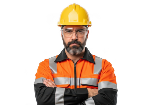 Serious bearded man wearing yellow hard hat and orange high visibility safety vest arms crossed isolated on transparent background