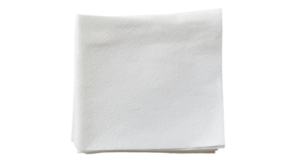 A close-up view of a neatly folded white paper napkin featuring a textured surface, ideal for dining settings and everyday use on transparent background