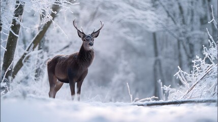 Majestic deer stands serene amidst snow dusted trees a tranquil winter forest scene evokes peace