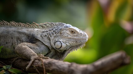 Obraz premium Vibrant green iguana portrait reveals intricate scales amidst lush tropical foliage backdrop