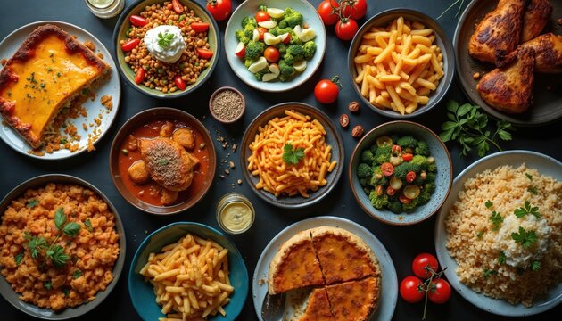 Numerous homemade dishes arranged on dark table, ready for large meal. Friends gather to enjoy food together, sharing tasty plates. Feast offers diverse culinary selection for social dinner party.