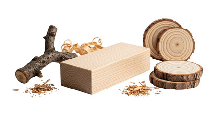 Woodworking Materials on Transparent Background: Wood Block, Slices, Twig, Shavings, for Crafting
