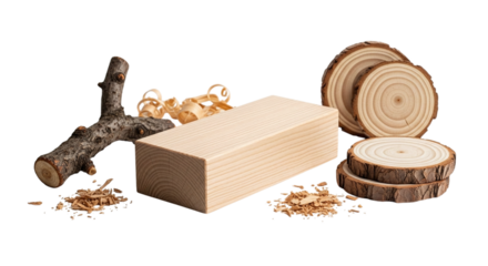Woodworking Materials on Transparent Background: Wood Block, Slices, Twig, Shavings, for Crafting