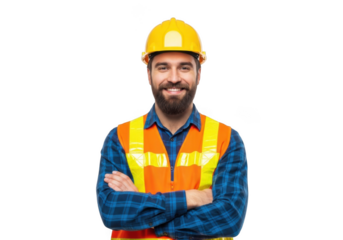 Smiling bearded construction worker wearing yellow hard hat and orange safety vest arms crossed isolated on transparent background
