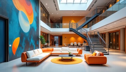 Bright open plan office space with modern orange sofas and a large abstract mural. Multi level interior features a grand staircase, meeting areas, and skylights creating a vibrant work atmosphere.