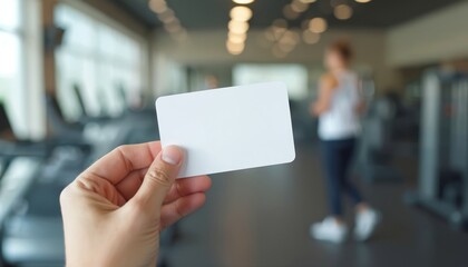 Hand holds blank card in modern gym. Fitness center background with training equipment. Membership card for gym access. Promotional material for sport activity. Person show template for club card.