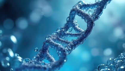 Macro shot presents DNA structure with blue liquid, bubbles. Helix shape model reflects advanced bioengineering research. Transparent drops, light, shine reflect innovative medicine, genetic