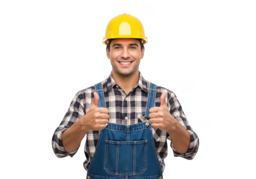 Smiling construction worker wearing a yellow hard hat and blue denim overalls giving two thumbs up gesture isolated on transparent background