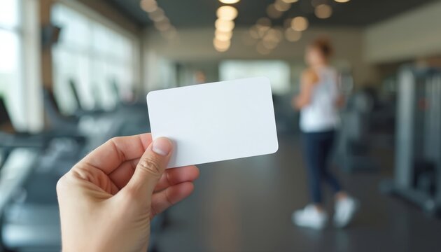 Hand holds blank card in modern gym. Fitness center background with training equipment. Membership card for gym access. Promotional material for sport activity. Person show template for club card.