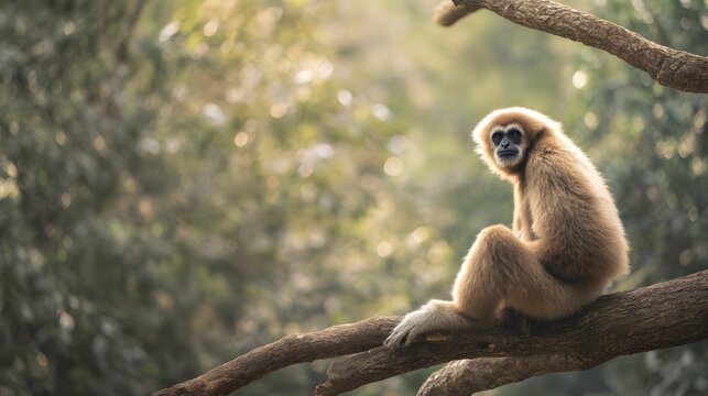 Serene gibbon portrait captures quiet contemplation within a lush rainforest canopy backdrop