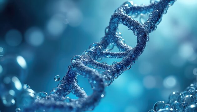 Macro shot presents DNA structure with blue liquid, bubbles. Helix shape model reflects advanced bioengineering research. Transparent drops, light, shine reflect innovative medicine, genetic