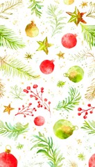 Festive watercolor Christmas pattern design with pine berries stars ornaments and gentle snow textures