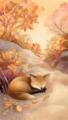 Naklejka premium Cozy fox illustration captures autumn’s gentle beauty on a woodland nature trail scene
