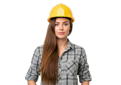 Young woman wearing yellow hard hat and plaid shirt standing firmly isolated on transparent background