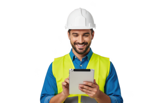 Smiling construction worker wearing a white hard hat and high visibility vest holding a tablet computer isolated on transparent background