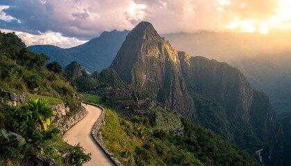 Machu Picchu mountain landscape sunset road.