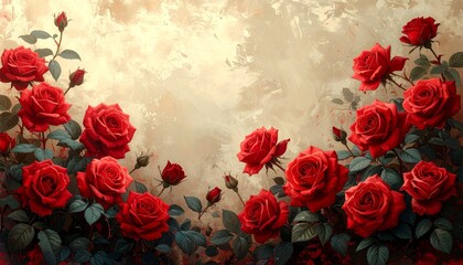 Red Roses on Painterly Beige Background.