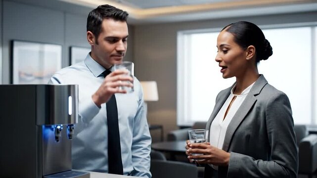 Professionals talk over water cooler; woman drinks