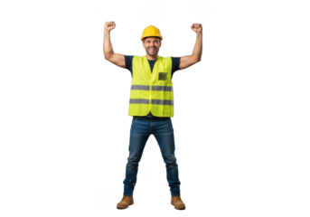 Joyful construction worker in yellow safety vest and hard hat raising arms in triumph isolated on transparent background