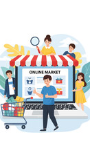 Online Market Illustration - Customers Shopping on a Laptop with Shopping Cart.