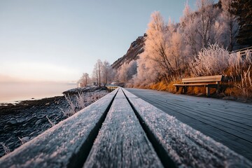 Fototapeta premium A serene winter landscape featuring a frost-covered wooden walkway and bench beside a calm body of water at sunrise.